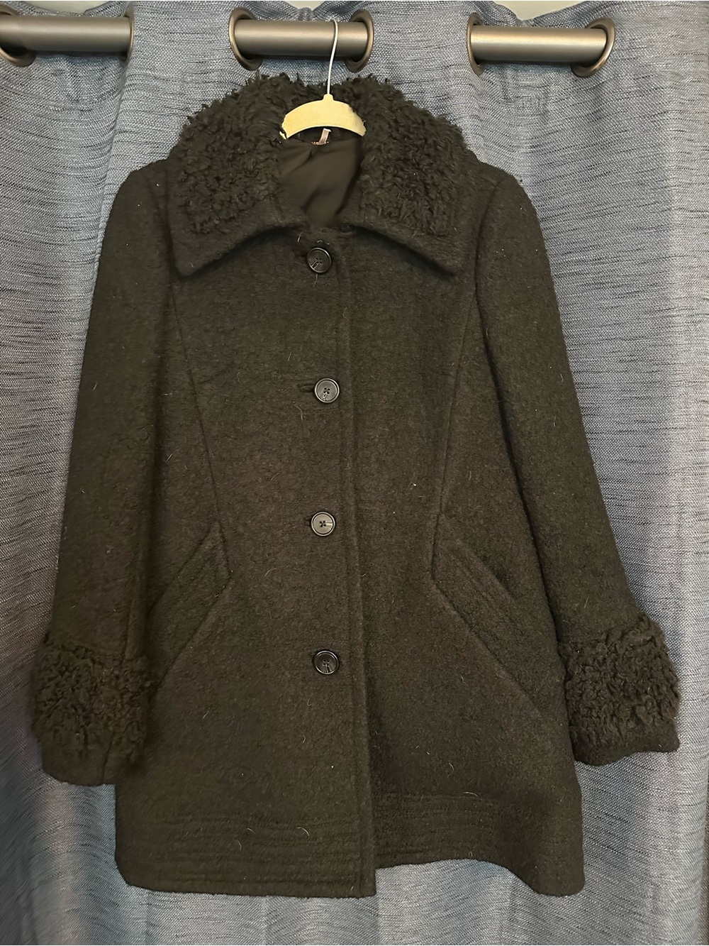 Free People Black Wool Pea Coat with Faux Shearling Trim